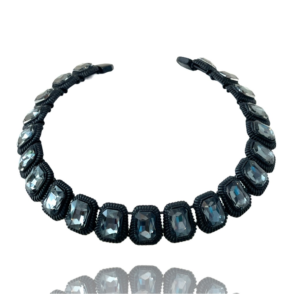 Rhinestone Crystal Choker Bib Rectangle Statement Necklace Brushed Enamel Black